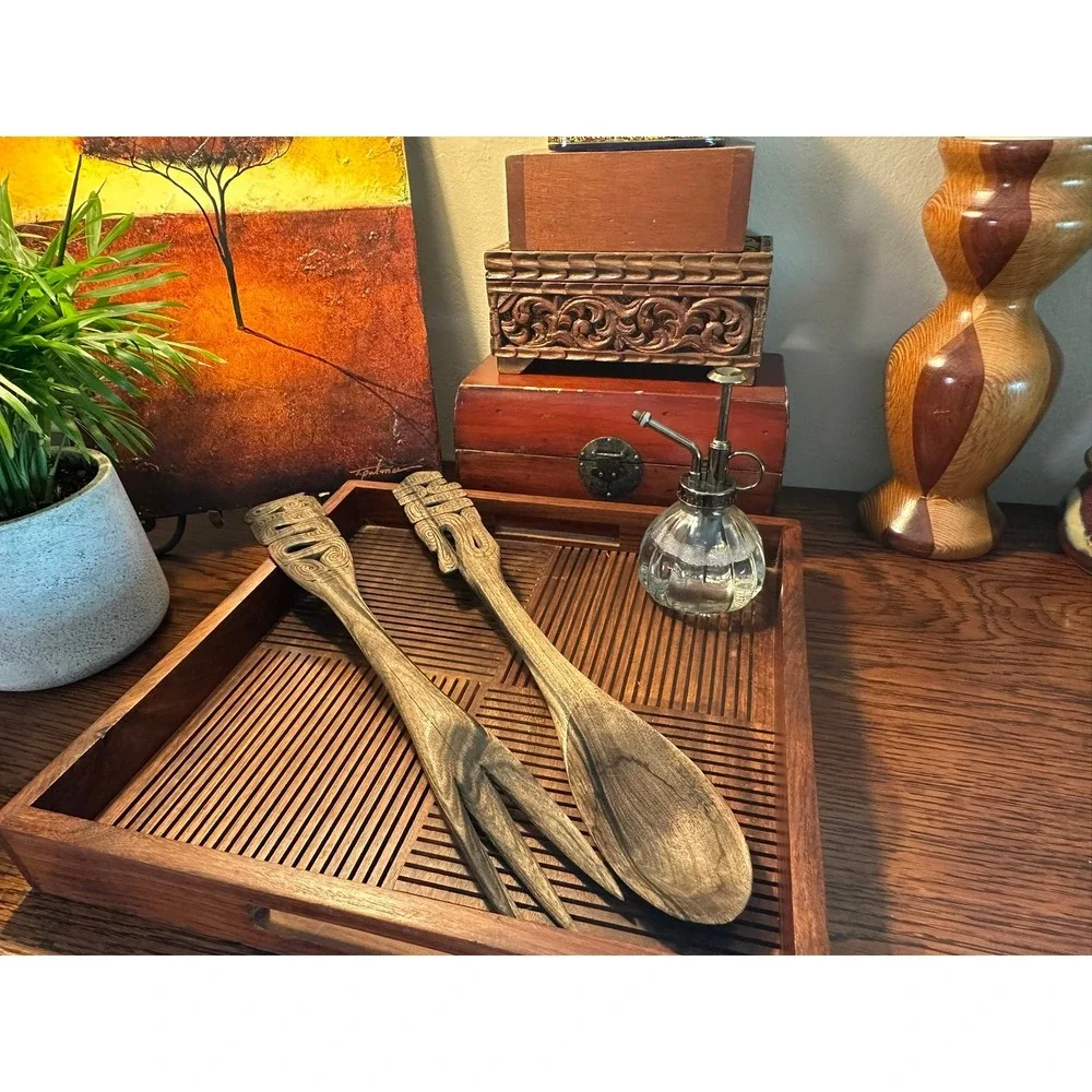 Vintage Teak Wooden Serving Utensils Hand Carved Tribal Salad Fork Spoon Set
